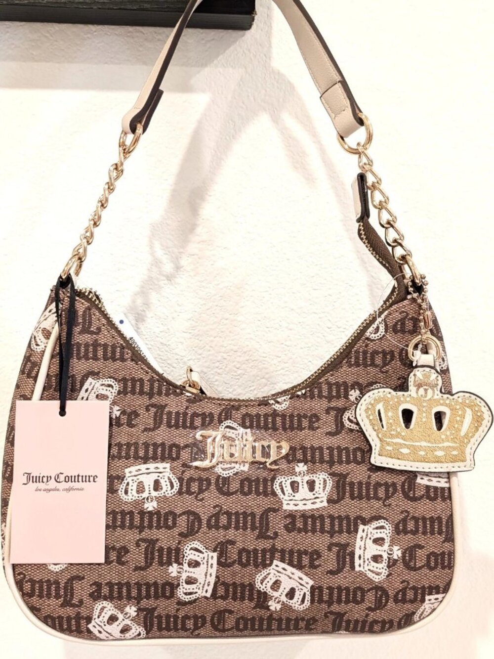 NWT Juicy Couture Brown Monogram White Trim Crown Shoulder Bag Purse Handbag